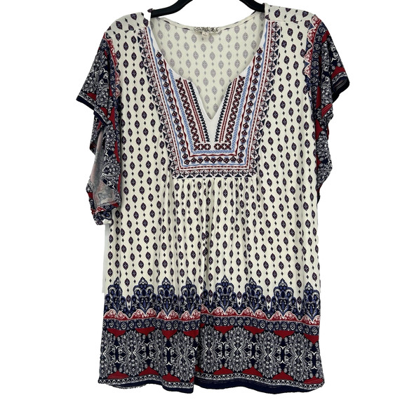 One World Boho Top Cream Blue Short Flutter Sleeve Mixed Pattern Split Neck Sz L - Picture 1 of 9